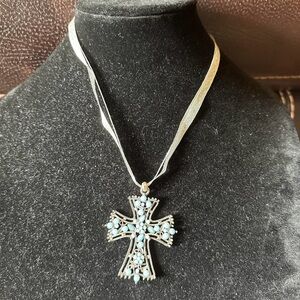 Vintage ribbon blue rhinestone cross pendant necklace.